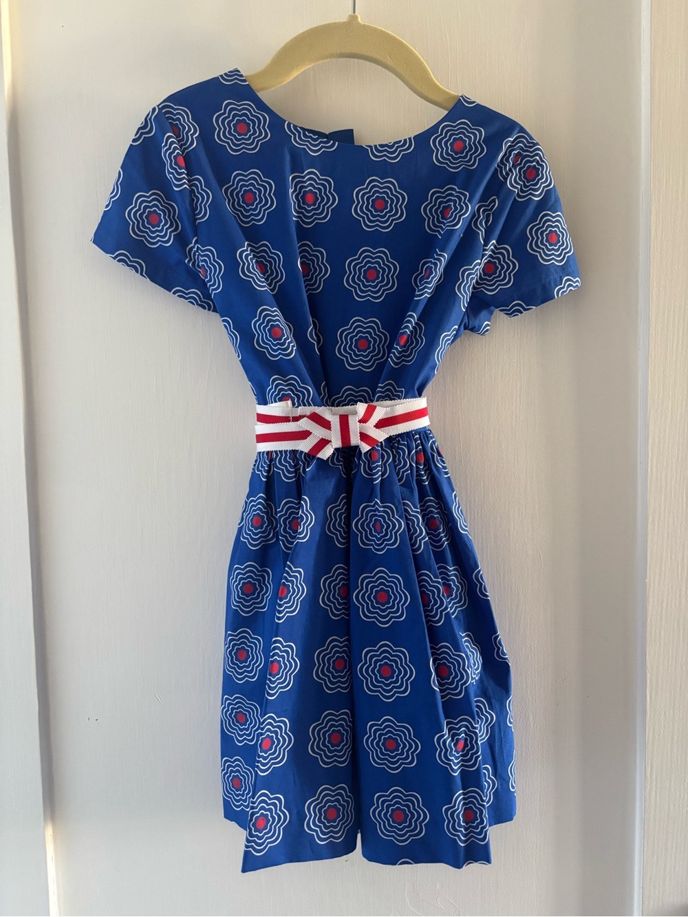 Jacadi Girls Blue Floral Print Short-Sleeve Dress with Striped Belt—Sz 5